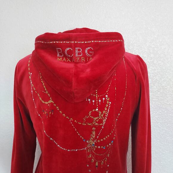Y2K BCBG Maxazria Red Velour Zip Hoodie w/Rhinestones Size L - Picture 9 of 13